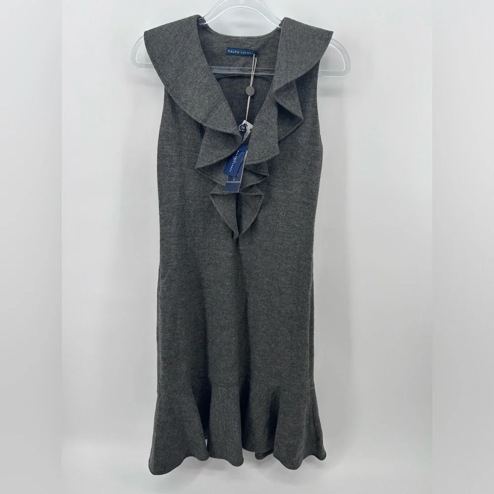 NWT Ralph Lauren Womans Ruffle Hem Dress Sz S Gray 100% Wool Sleeveless